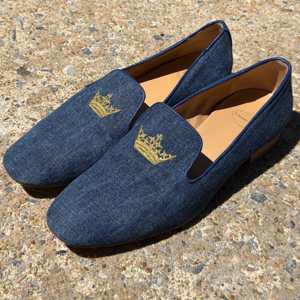 Churchs Flora 2 Dark Blue Denim Loafers Crown Embroidered Shoes Sovereign Luxury